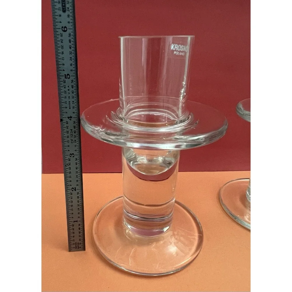 Vintage Krosno Glass Candle Holders Poland 2 Candle Stick Clear Tall Deco